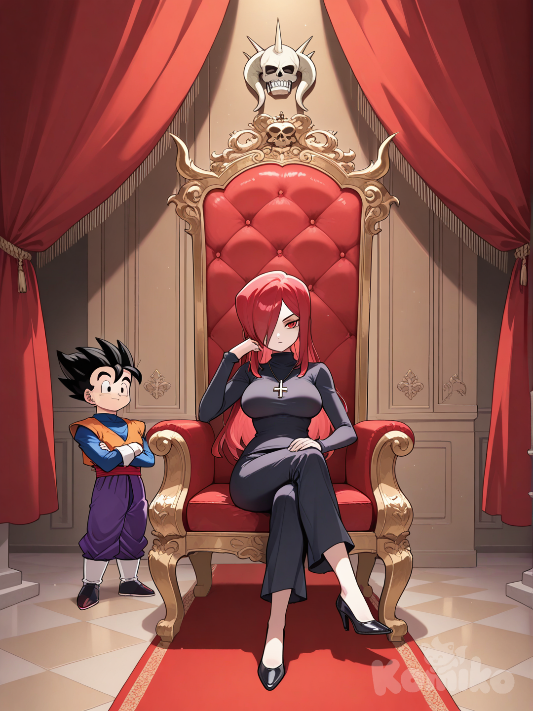 Gohan y parasoul en el trono de kanopy