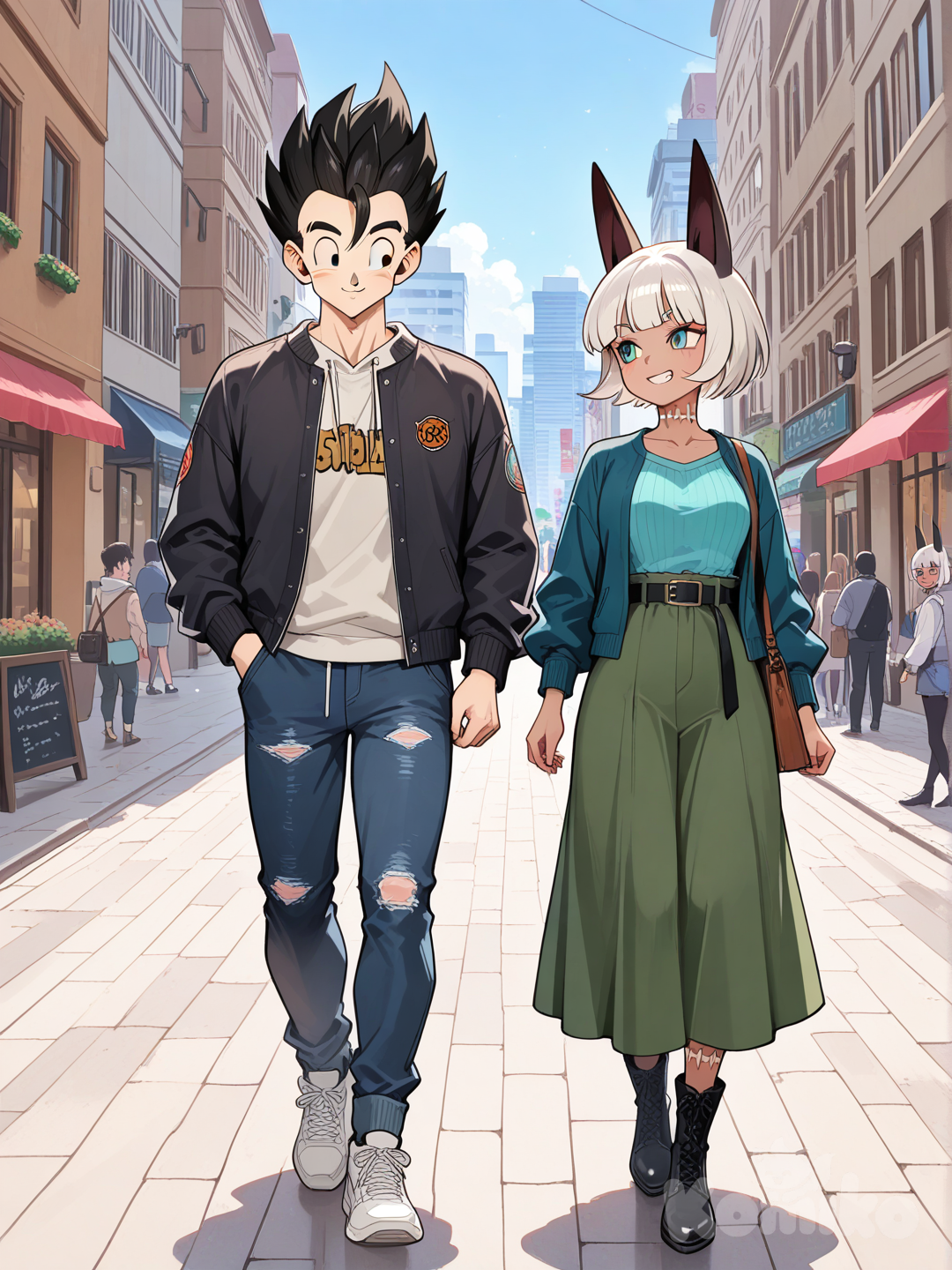 Gohan y Ms. Fortune paseando en la ciudad.