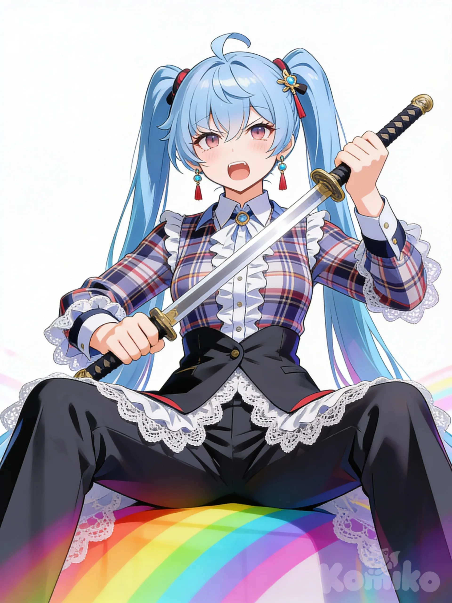 inbound5497098950718280545, @Ganyu_(Genshin_Impact), holding sword, sitting on lap, angry, plaid shirt, suit pants, ruffles, lace, hairpin, earrings, twin tails, rainbow, ultra-wide shot