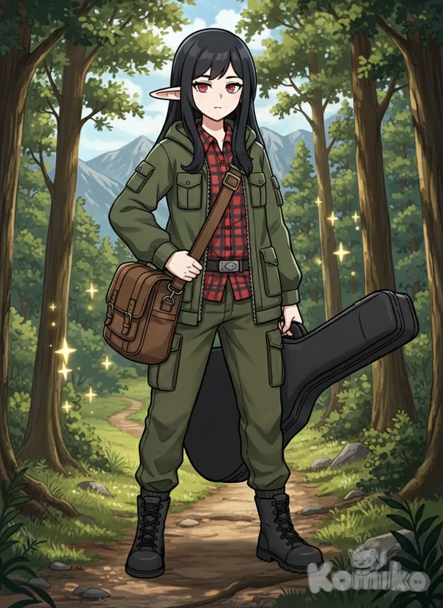 <victoria-x7Sl>, expressionless, cargo pants, outdoor adventure jacket, plaid shirt, holding bag, holding instrument