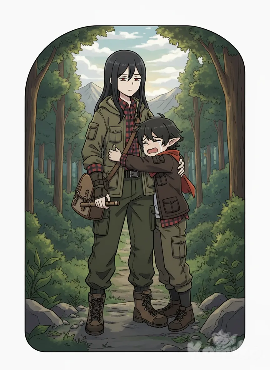 <victoria-x7Sl>, expressionless, cargo pants, outdoor adventure jacket, plaid shirt, holding bag, holding instrument, <bervil-Q1qW>, crying, hugging