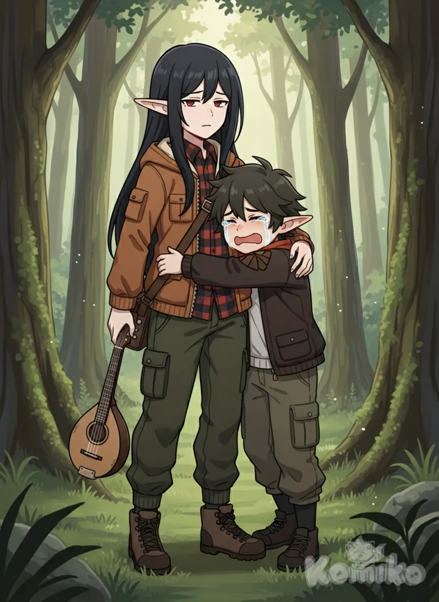 <victoria-x7Sl>, expressionless, cargo pants, outdoor adventure jacket, plaid shirt, holding bag, holding instrument, <bervil-Q1qW>, crying, hugging