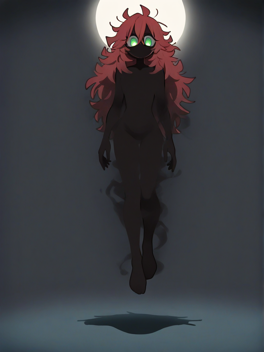 female ghost, naked, facing viewer, green glowing eyes, long wild red hair, shadowy features, blank background, mysterious, floating, [clean-lines-style], full body