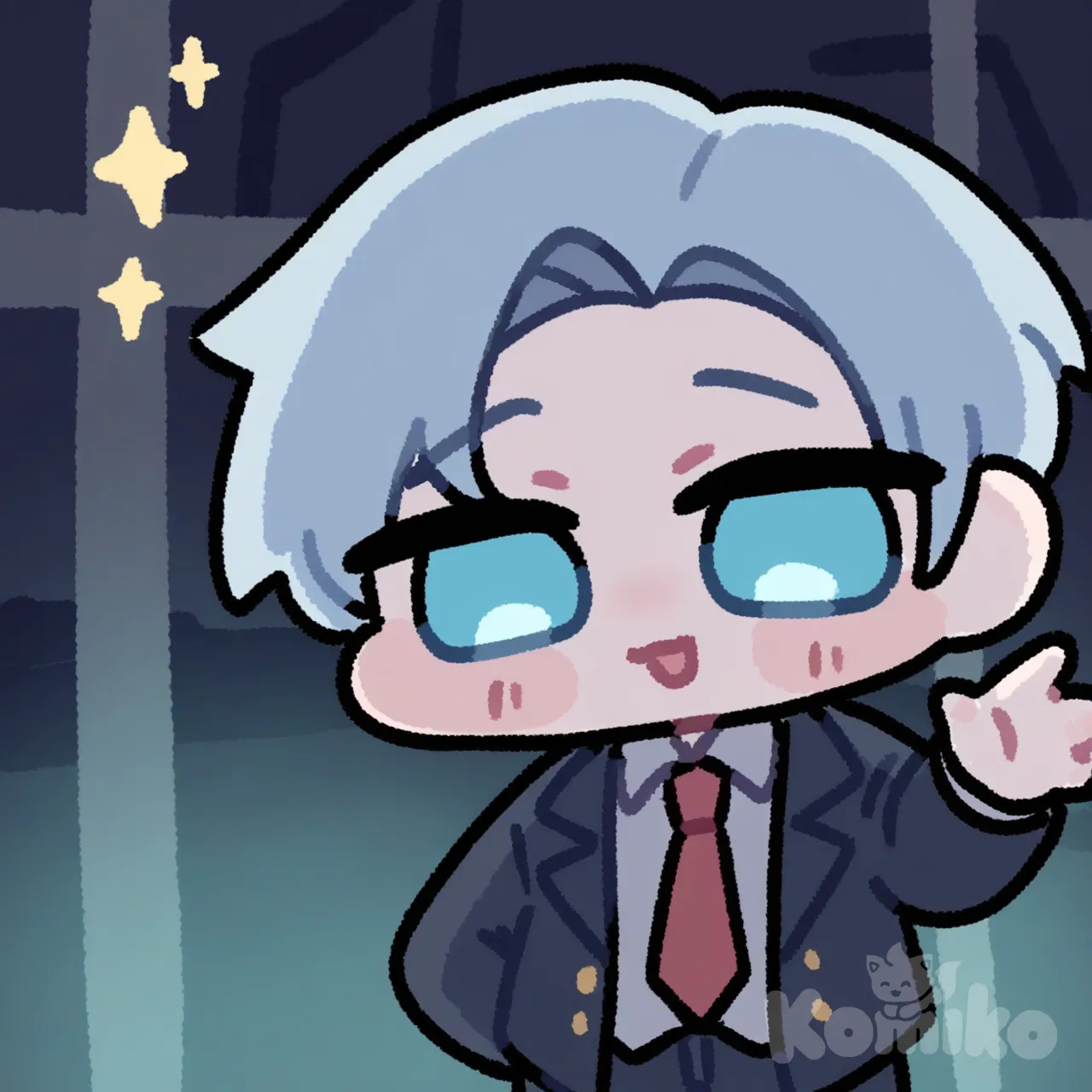 handsome, young man, light blue tinted white hair, parted hair, light blue eyes, unbuttoned black suit, red necktie, calm demeanor, confident demeanor, dark city background, colorful lights, standing, night, 1boy, head tilt, [blocky-faced-chibi-style], waving