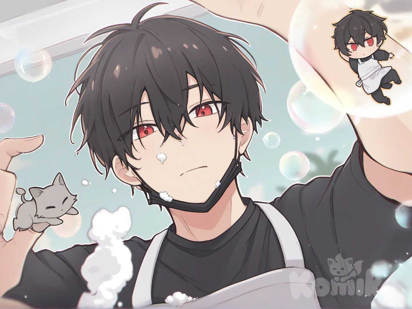 A teenage boy with black hair and red eyes, wearing a black shirt, an apron, a mask, and gloves. A gray cat is jumping in the scene, and the image is filled with white foam, [pastel-chibi-style]