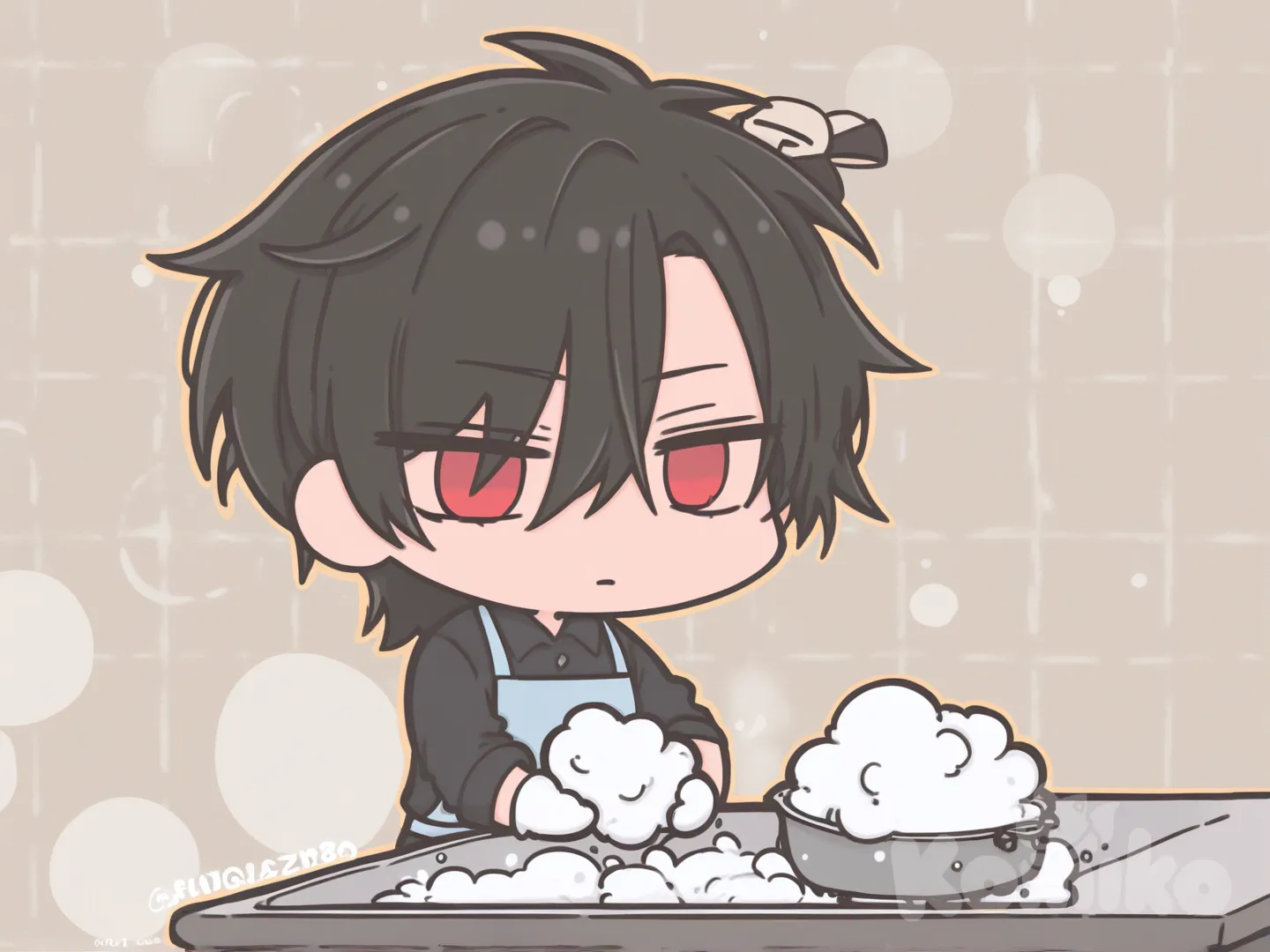 A teenage boy with black hair and red eyes, wearing a black shirt, an apron, a mask, and gloves, and the image is filled with white foam, [pastel-chibi-style], frownพื้นหลังครัวกำลังล้างจาน