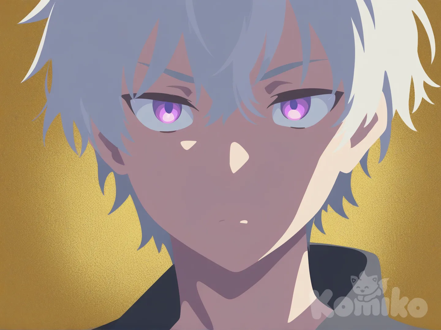 ซูมหน้าตัวละครวัยรุ่นชายผมขาวดวงตาสีม่วงอยู่กลางภาพพื้หลังสีทองดำ อนิเมะ, [flat-illustration-style], จริงจัง