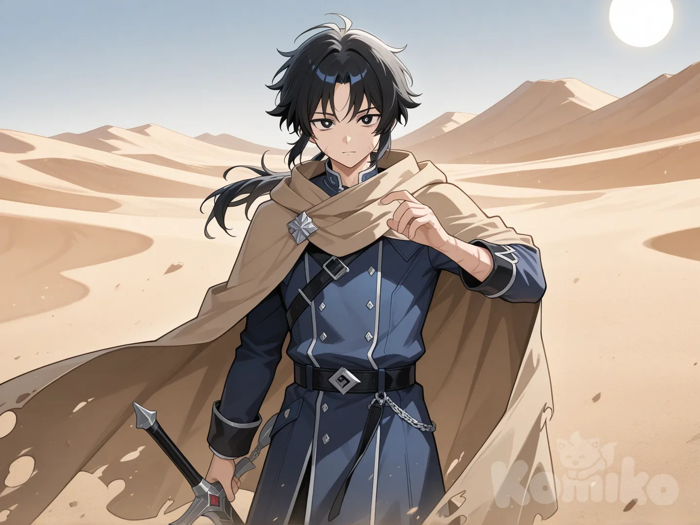 A young man with white-and-black mixed hair tied into a ponytail, with black eyes whose pupils form the shape of a white sun. His body is covered in scars. He wears a tattered light-brown cloak and an unbuttoned, torn blue coat. Seen from the waist up, he holds a large silver-and-black sword, striking a cool, heroic pose. The background is a desert filled with various weapons stuck into the ground, in an anime style., 1boy
