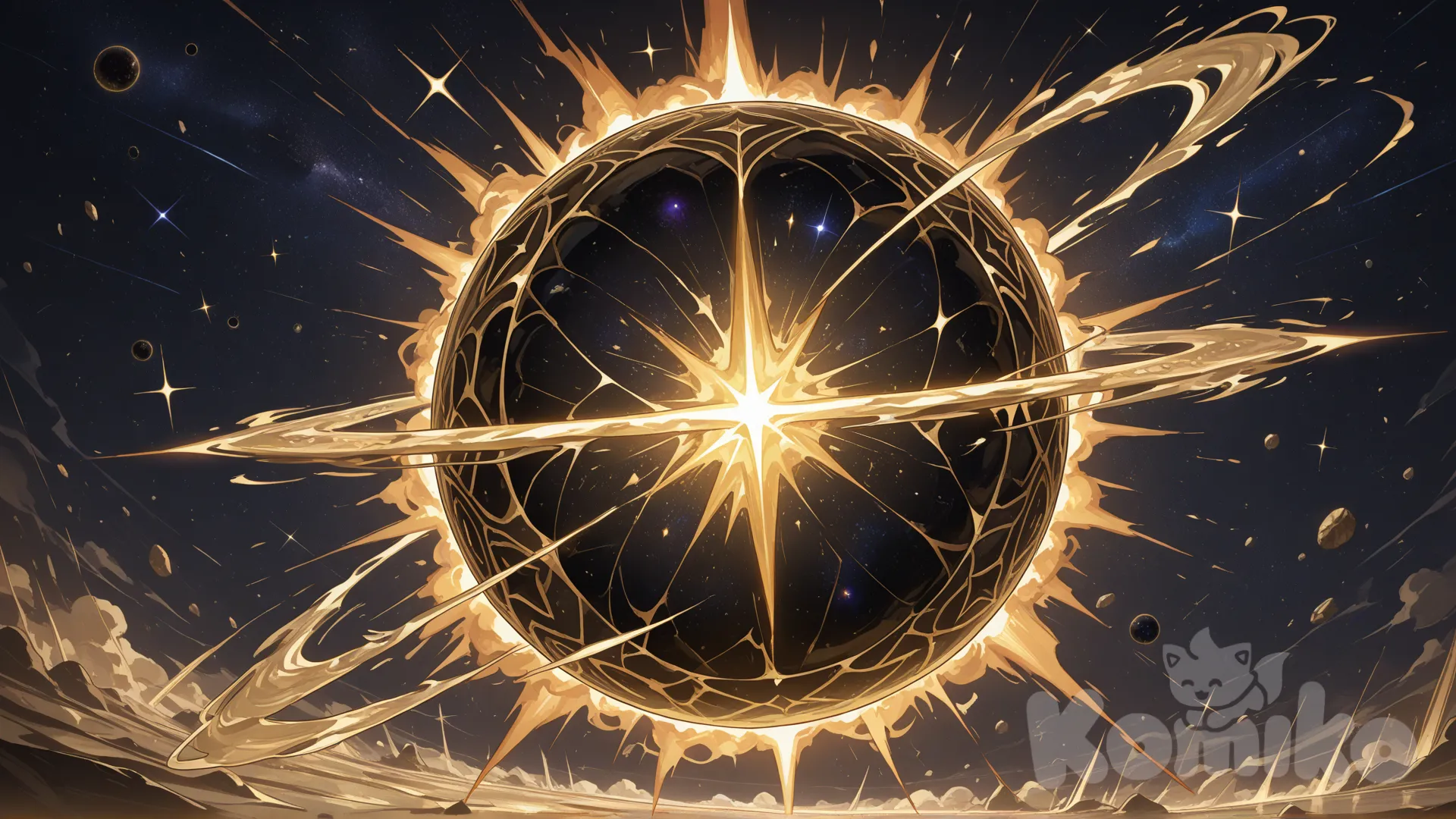 At the center of the image, a gigantic black sphere (ลูกใหญ่) violently bursts apart, unleashing a universe-shaking golden explosion. Cracks of pure light tear across the sphere’s surface and expand outward. Golden shockwaves spiral in vast arcs, illuminating the entire scene.
All around it, the fabric of space itself splits open — massive dimensional fractures spreading like glowing cracks in a cosmic mirror. The rifts reveal layers of distorted space, shimmering voids, and swirling golden currents. Some rifts twist and bend the starlight, creating warped patterns across the image.
The background is deep black space, completely filled with trembling stars, swirling debris, and streaks of dimensional light. The entire image shows the moment the dimension shatters — radiant, overwhelming, and epic in scale.”anime