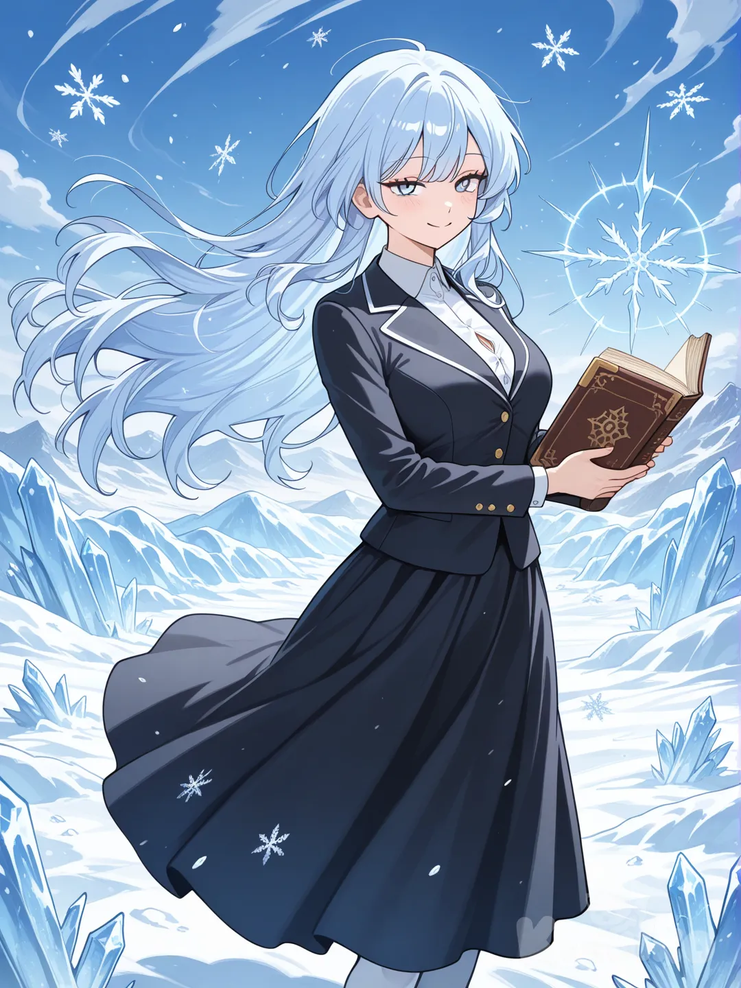 หญิงสาววัยรุ่นผู้มีผมยาวสีฟ้าอ่อนและดวงตาสีฟ้าอ่อน เธอใส่ชุดเบลเซอร์สีดำขอบเสื้อกันหนาวสีขาวกระดุมสีทอง เสื้อแขนยาวด้านในเสื้อสีขาวติดกระดุม กระโปงสั้นสีดำเห็นครึ่งตัว, anime, Webtoon Anime Style กระโปรงยาวสีดำ ถุงเท้ายาวสีขาว เธอถือคาถาไว้ในมือหนึ่งด้วยท่าทีสุภาพและสุขุม
รอบตัวเธอมีผลึกน้ำแข็งขนาดเล็กลอยพริ้วไปตามลม โดยมีภูมิทัศน์น้ำแข็งเป็นฉากหลัง
สไตล์อนิเมะ พร้อมลักษณะท่าทางที่ดูเป็นผู้ใหญ่มากขึ้น