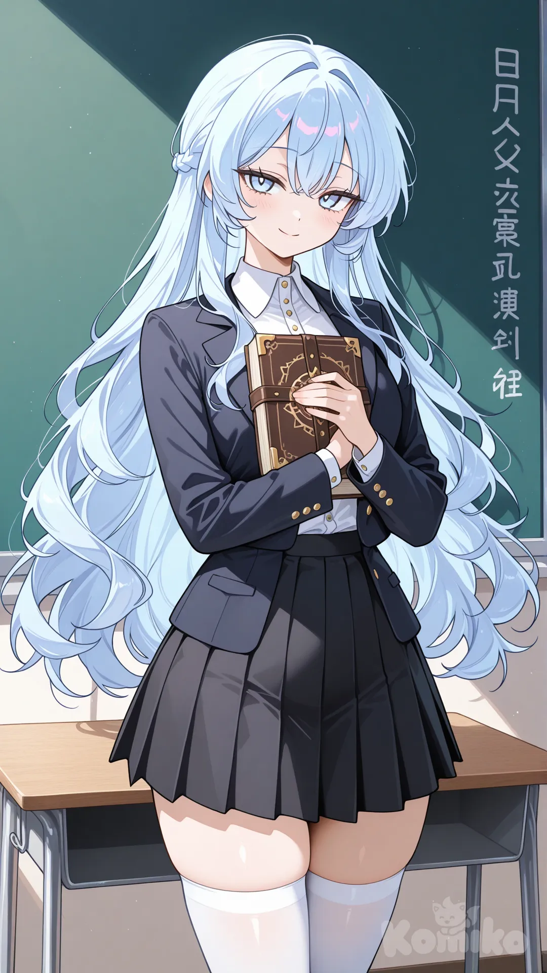 หญิงสาววัยรุ่นผู้มีผมยาวสีฟ้าอ่อนและดวงตาสีฟ้าอ่อน เธอใส่ชุดเบลเซอร์สีดำขอบเสื้อกันหนาวสีขาวกระดุมสีทอง เสื้อแขนยาวด้านในเสื้อสีขาวติดกระดุม กระโปงสั้นสีดำเห็นครึ่งตัว, anime, Webtoon Anime Style กระโปรงยาวสีดำ ถุงเท้ายาวสีขาว เธอถือคาถาไว้ในมือหนึ่งด้วยท่าทีสุภาพและสุขุม
สไตล์อนิเมะ พร้อมลักษณะท่าทางที่ดูเป็นผู้ใหญ่มากขึ้น, classroom, [glossy-anime-style]