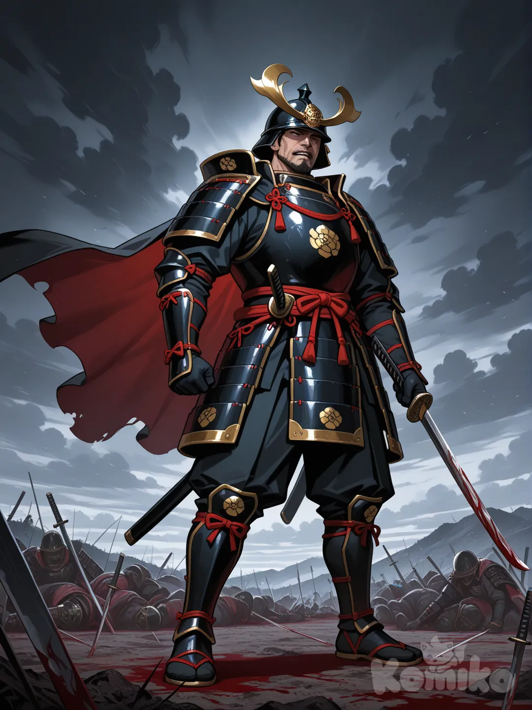 Un antiguo samurái con su armadura tradicional roja y negra