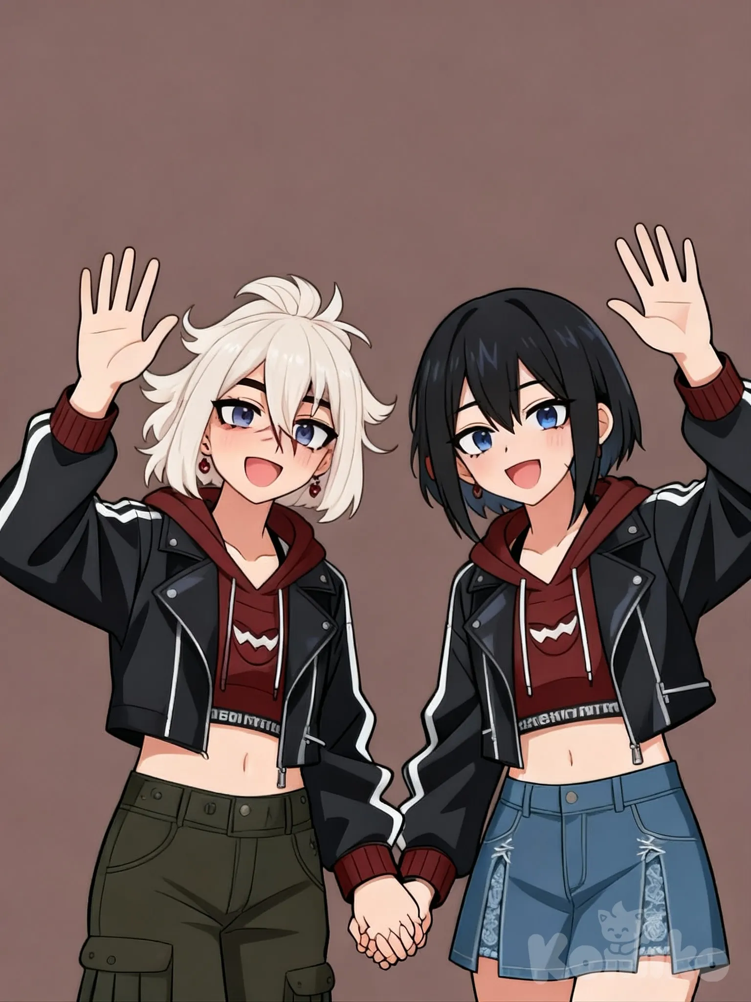 @jane-doe-shigaraki-zWWU, @vide-yccd, anime screencap, anime coloring, [pop-anime-style] Vide and Jane holding hands, waving at camera, looking at viewer