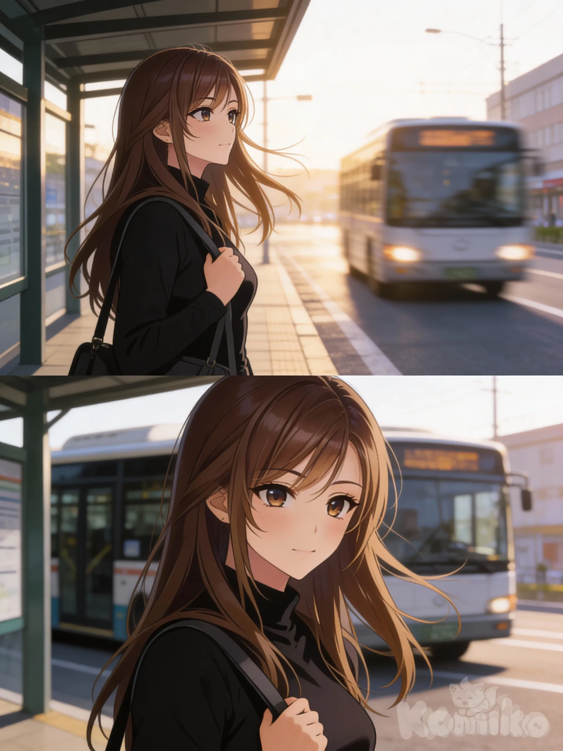 ESCENA 1

EXTERIOR – ESTACIÓN DE BUS – MAÑANA

Komiko, una chica adulta, estudiante universitaria, espera el bus.

Plano: plano medio

Posición: de perfil, ligeramente girada hacia la calle

Postura: relajada, una mano sostiene el tirante de su bolso

Cabello: largo, castaño, moviéndose suavemente por el viento

Expresión: tranquila, pensativa, mirada distante

La estación de bus es urbana, sencilla.
El ambiente es silencioso, cotidiano.

Al fondo, el bus se acerca lentamente, desenfocado.
La luz de la mañana es suave y natural.

ESCENA 2

EXTERIOR – ESTACIÓN DE BUS – CONTINUACIÓN

Komiko sigue esperando.

Plano: plano medio-corto

Cámara: ligeramente más cercana

Mirada: se desvía levemente hacia un lado

Lenguaje corporal: contenido, introspectivo

El viento mueve algunos mechones de su cabello.
El bus ya está detenido o a punto de llegar detrás de ella.

El fondo urbano permanece simple, sin distracciones.
Se siente un momento de pausa, rutina diaria.

Estilo visual:
manga, viñeta tipo panel superpuesto, iluminación suave, alta calidad, natural body, wholesome.