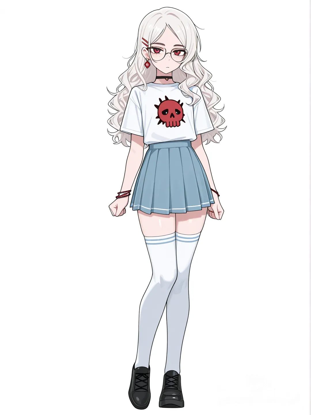 [toon-shaded-style] 1girl, teenager, petite, off-white hair, long hair, wavy hair, curly hair, red eyes, freckles, fair skin, t-shirt, pleated skirt, choker, bracelet, earrings, hairpin, knee-high socks, glasses, semi-realistic, portrait, anime coloring, realistic, single character, full body, looking at viewer, simple background, white background