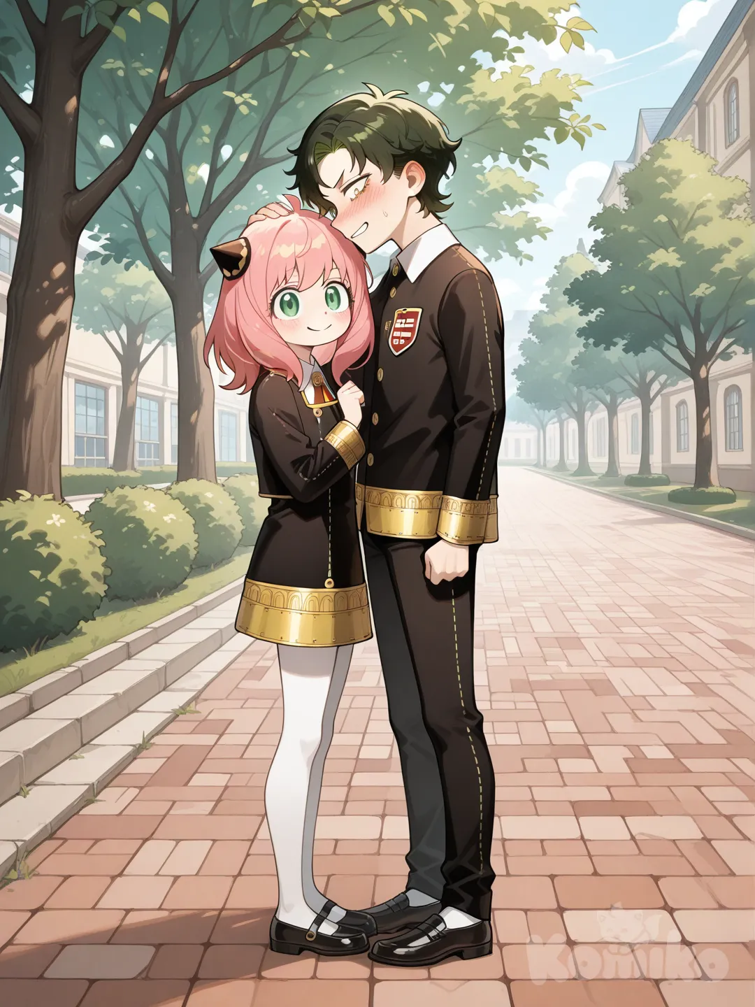 @Anya_(Spy_X_Family), @Damian_Desmond, anya's hand on damian's head, Damian shocked, damian embarrased, goated smirk anya, full body both, background in spy x family school, brick floor, tree left side in background, anya closer to viewer than Damian, Damian diagonally above anya.