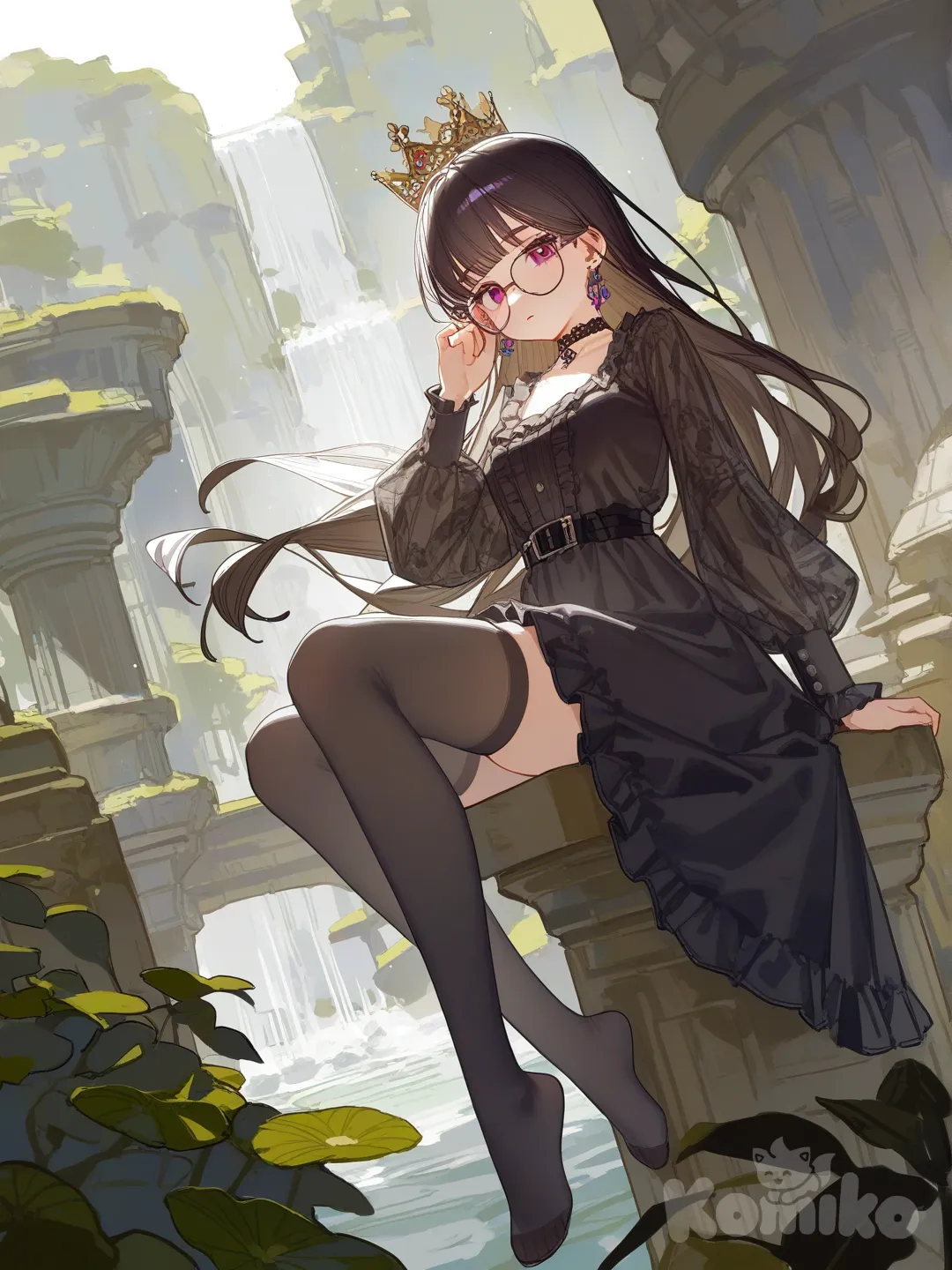 [lacquered-illustration-style], little black dress, expressionless, crown, earrings, choker, glasses, knee-high socks, looking at viewer, waterfall, ruins