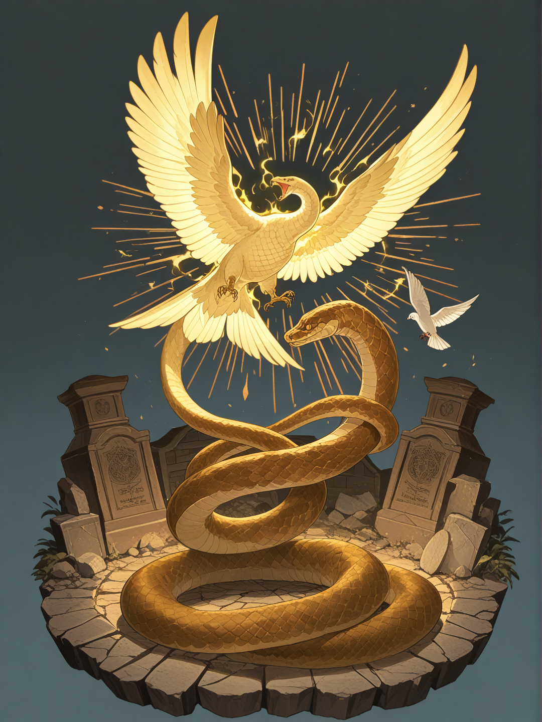 un serpiente y una paloma en forma de enfrentamiento y al estilo fantasia rodeando con su cuerpo y alas el nombre mike escrito en rocas cuarteadas. dale un estilo Animales fantasticos y ponlo en fondo trasparente