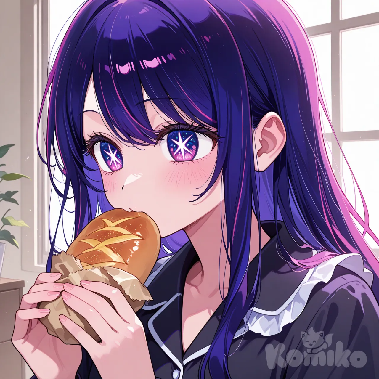 Hoshino Ai (Oshi No Ko) , black pajamas , upper body, eating bread , near window ,closeup, expressionless