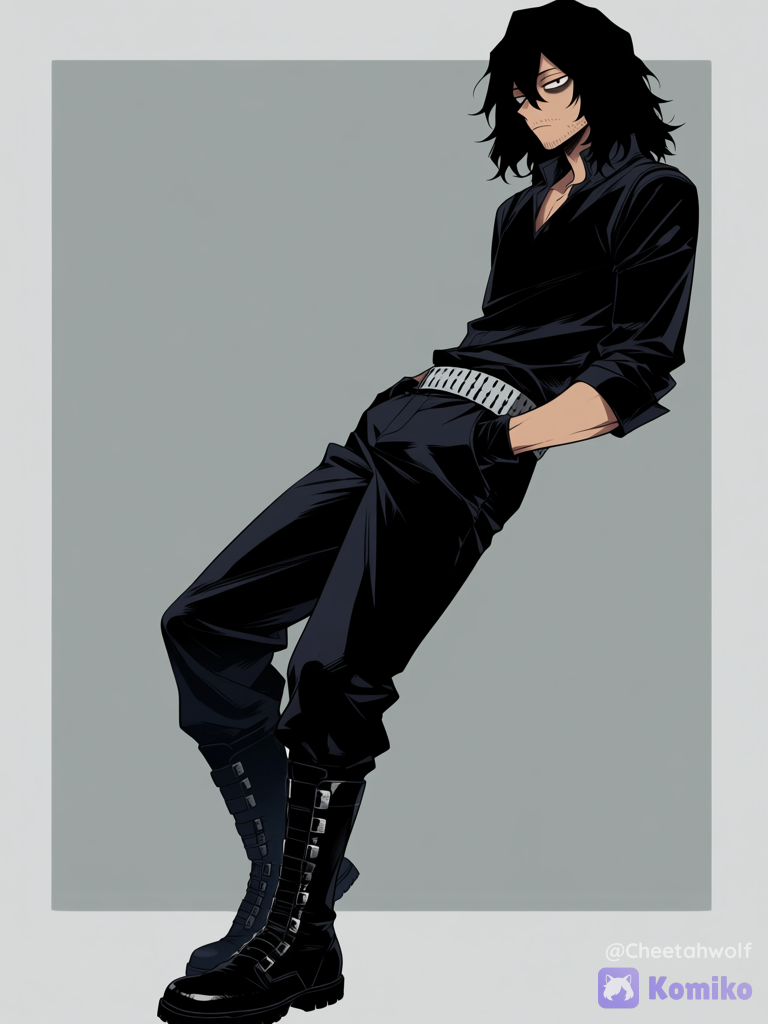 @Eraser_Head_(Boku_No_Hero_Academia), leaning back, school vest, front profile photo, full body, looking at viewer