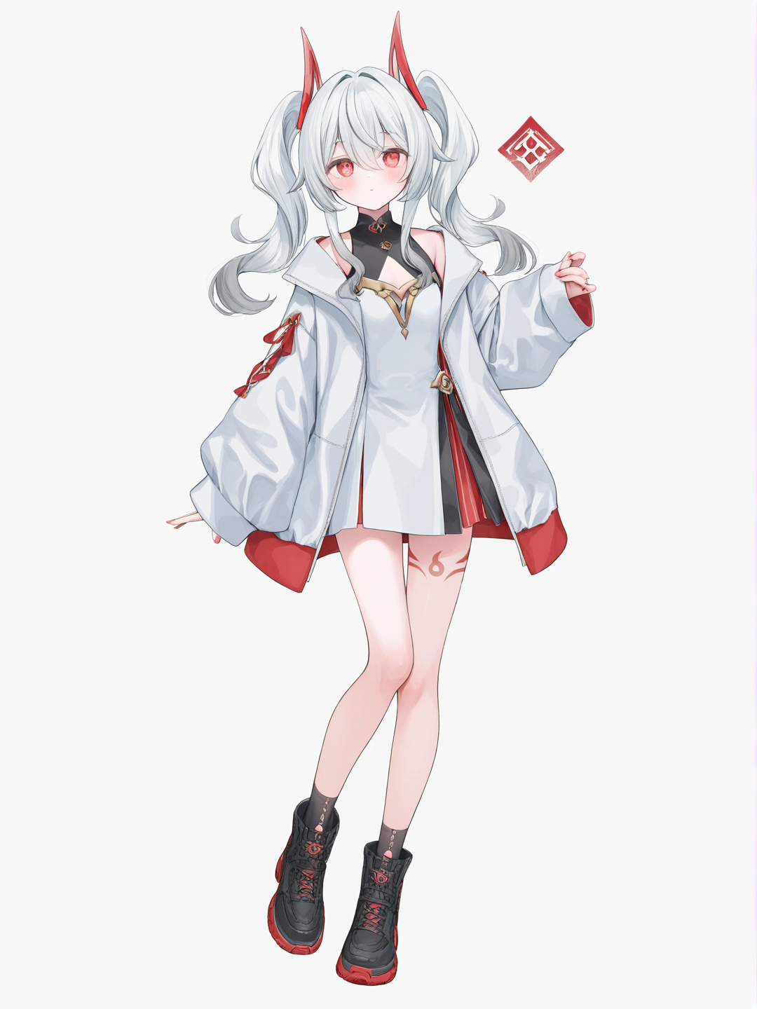 [soft-pastel-style] 1girl, genshin impact, original character, teenager, athletic, slim, pigtails, white hair, red eyes, moon goddess, with moon, single character, full body, looking at viewer, simple background, white background