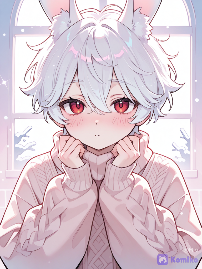 Bell is a male with white, fluffy hair and red eyes. He has a cute, soft appearance, making him look like an adorable winter bunny overall due to his unique assets and gentle structure.