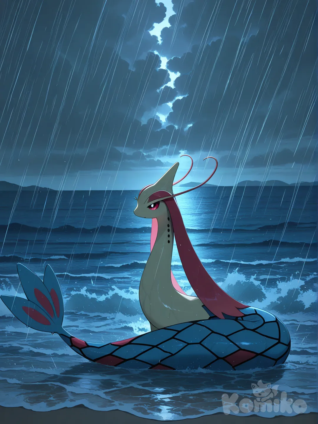 milotic, rain, ocean