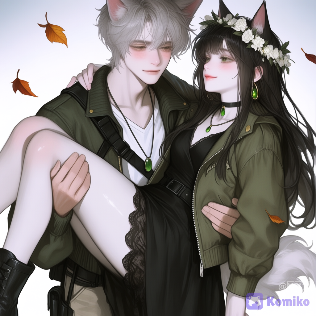 @vira-vYJc, @elisey-RFo4, 2people, carrying someone, disappointed, smile, blush, school uniform, varsity jacket, suit pants, denim, leather, combat boots, khaki, gradient, wide shot, backlight, leaves falling, [semi-realistic-portrait-style]