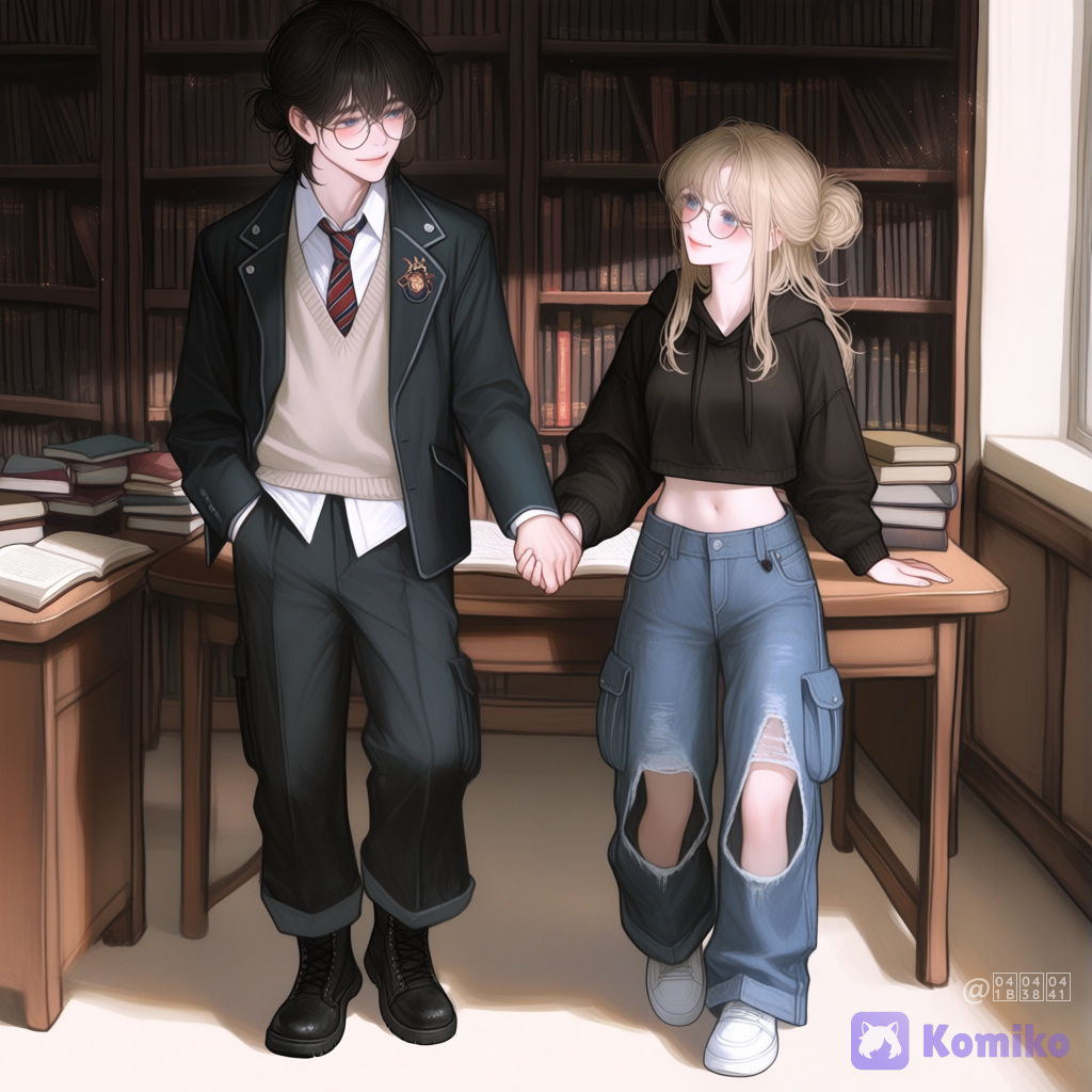 @rostislav-5G62, @marta-oxVi, holding hands, smile, blush, school uniform, suit pants, varsity jacket, leather, denim, combat boots, burgundy, gradient, wide shot, [semi-realistic-portrait-style], library, wide-leg pants, vest, flickering light, glowing particles