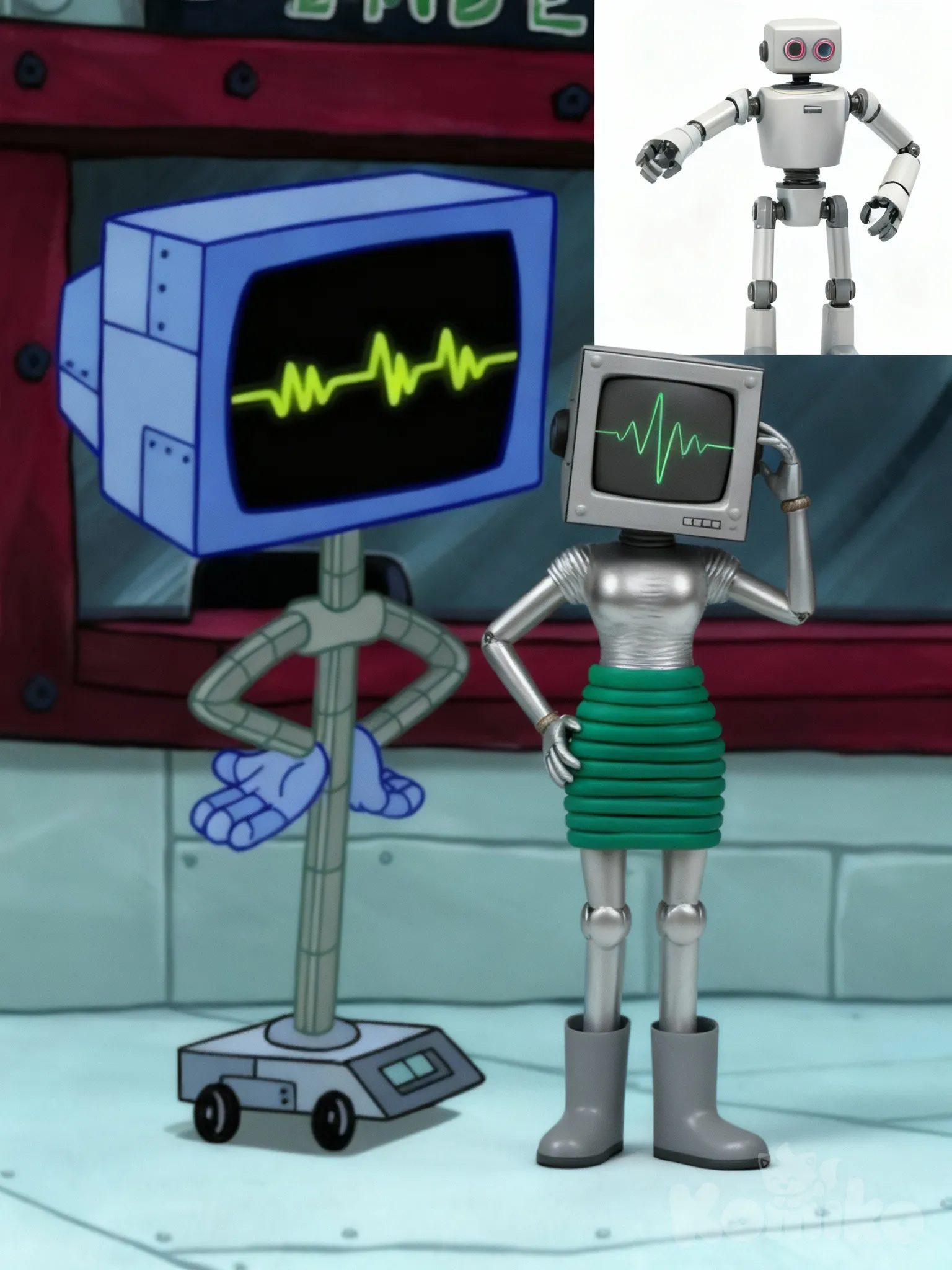 Sonja windstone the computer wife find pictures of the wheels or metal robot bodies like a woman is wearing a green skirt and gray boots on the feet