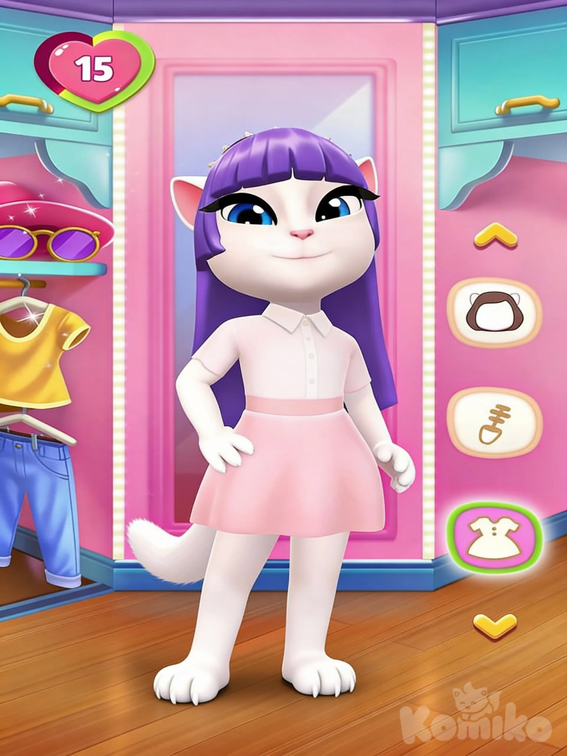 Talking Angela the white adorable cat as a white claws as a paw and her arms as in the hands and cat legs of white and a cat tail of white and cat feet and also wearing a clothes as the shirt and a skirt