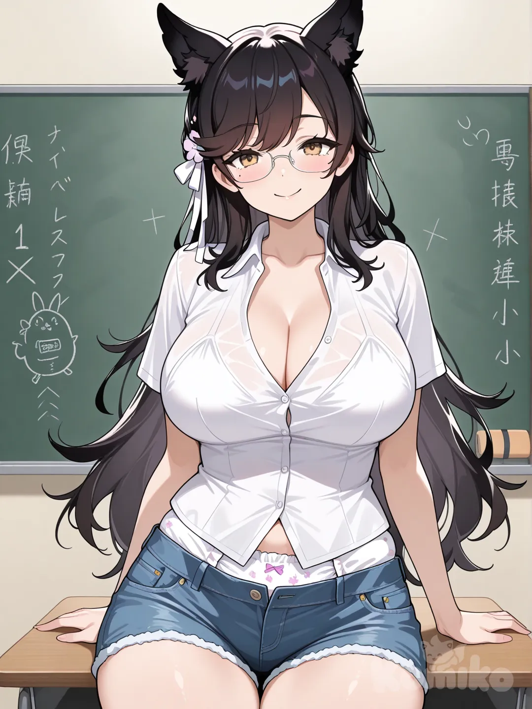 @Atago_(Summer_March)_(Azur_Lane), 1girl, large breasts, long hair, smile, diaper, glasses, class, teacher, destroyer half jeans