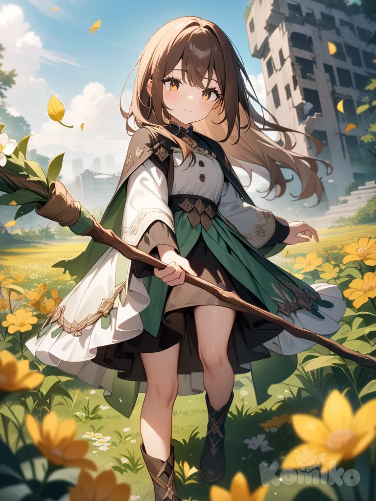anime girl with long brown hair, brown eyes, nature magic, holding staff, full body, field, flower field, leaves falling, ruins