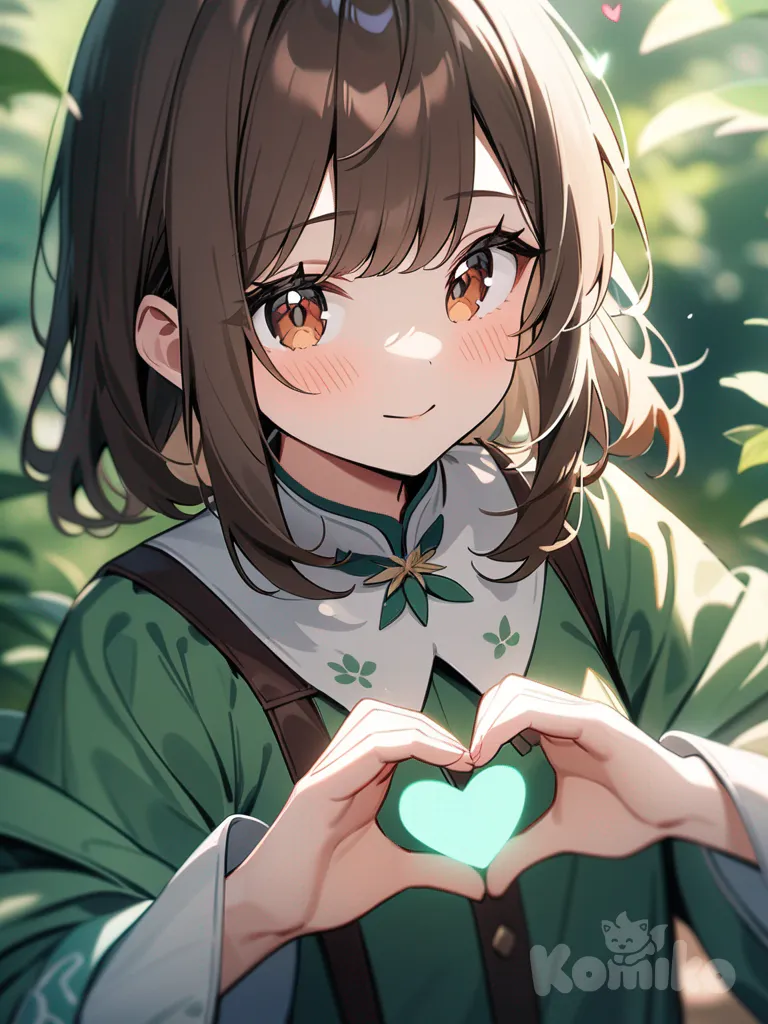 anime girl with long brown hair, brown eyes, nature magic, green, pastel colors, heart hands, depth of field