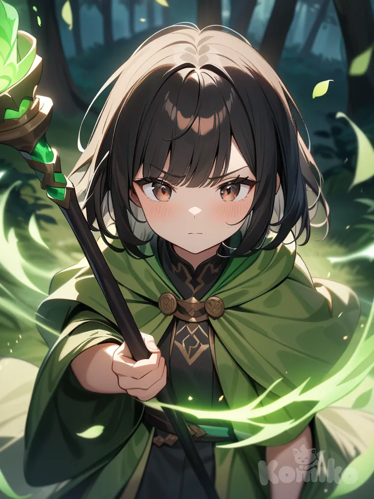 Anime, Nature healer with staff, Green magic robe decorated with leaves, Dark brown eyes, Black hair with dark red highlights and layers with bangs, serious, cute, shy, casting spell
