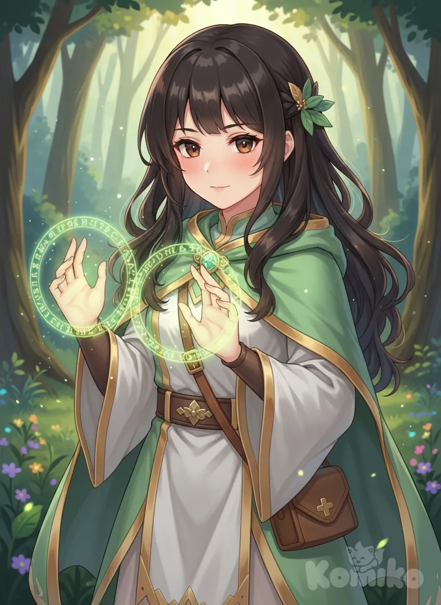 Cute anime girl with long brown hair, brown eyes, flushed face, healer, casting spell