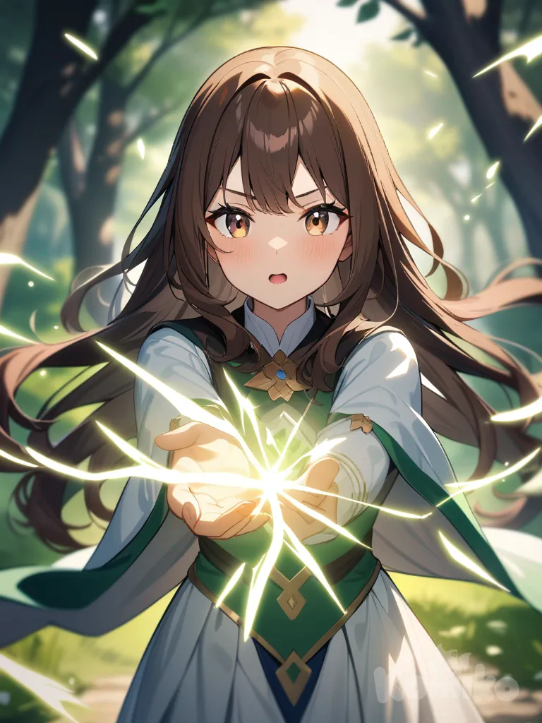 anime girl with long brown hair, brown eyes, nature magic, healer, casting spell