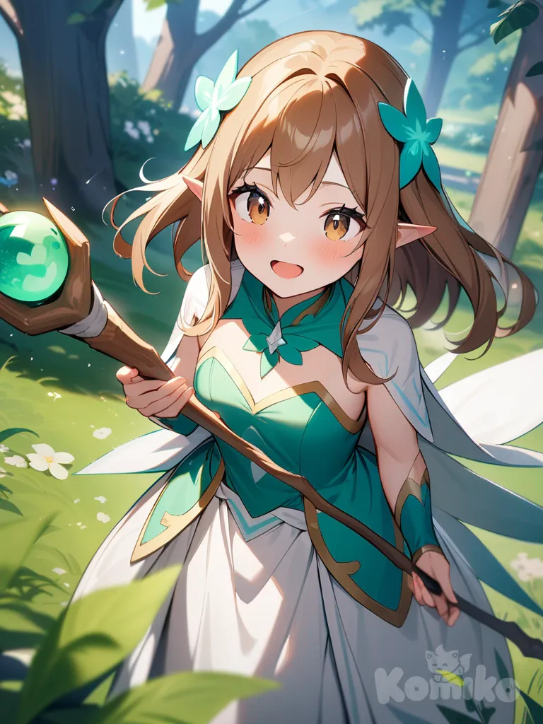 Cute anime magical woman with long brown hair, brown eyes, healer, staff, nature magic, fairy