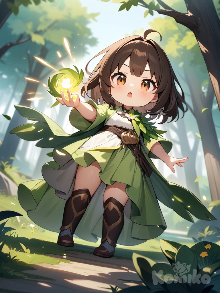 Chibi anime girl with long brown hair, brown eyes, nature magic, healer, casting spell