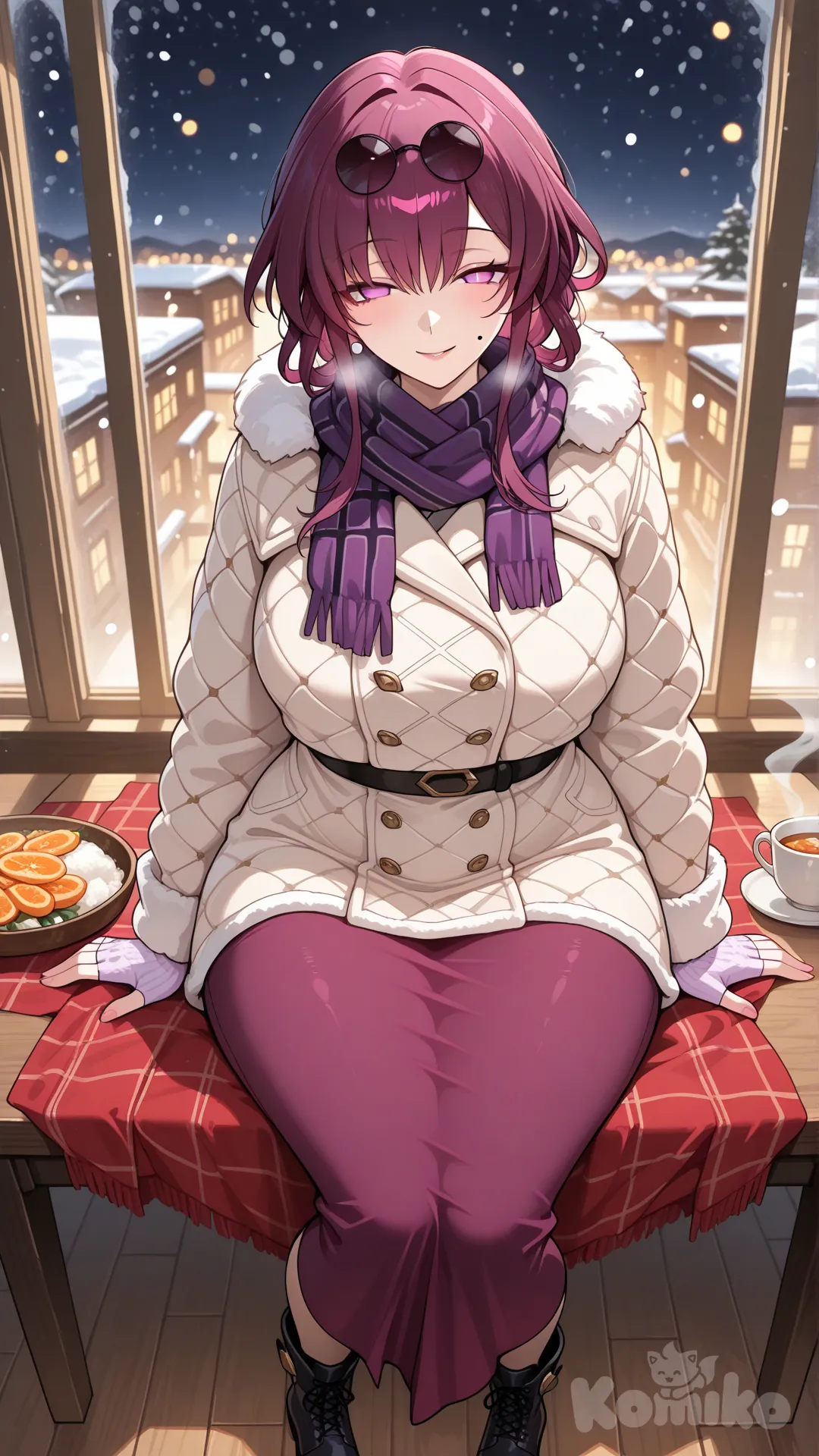 beautiful, attractive pose, smiling, portrait, seductive, voluptuous, plump hips, perfect curves, irresistible desire, mature female,穿着厚实的浅紫色棉袄，内衬是紫色，围着紫色毛绒围巾，戴着白色毛线手套，下身是深紫色色长裙和毛绒短靴
室内场景，温暖的家，木质餐桌，红色桌布
，半站半坐在餐桌旁，身体微微转向镜头，像是刚被叫住回头的一瞬间
桌上有剥了一半的橘子，几瓣橘子散在旁边，还有一杯冒着热气的姜茶
背后是窗户，窗外在下雪，能看到朦胧的雪景和屋顶
室内是柔和的暖黄色灯光，灯光照在少女脸上，非常温暖，背景略微虚化，有景深，冬夜，安静又温馨的冬至氛围，家庭团圆感，高清，细腻描绘 采用平视视角，镜头与人物处于同一水平高度，能够让观众与人物之间产生一种平等的视觉交流感，使人物形象更加亲近、真实。采用中心构图，人物位于画面正中央，这种构图方式可以将观众的注意力高度集中在人物身上，突出主体, Kafka (Honkai:Star Rail)