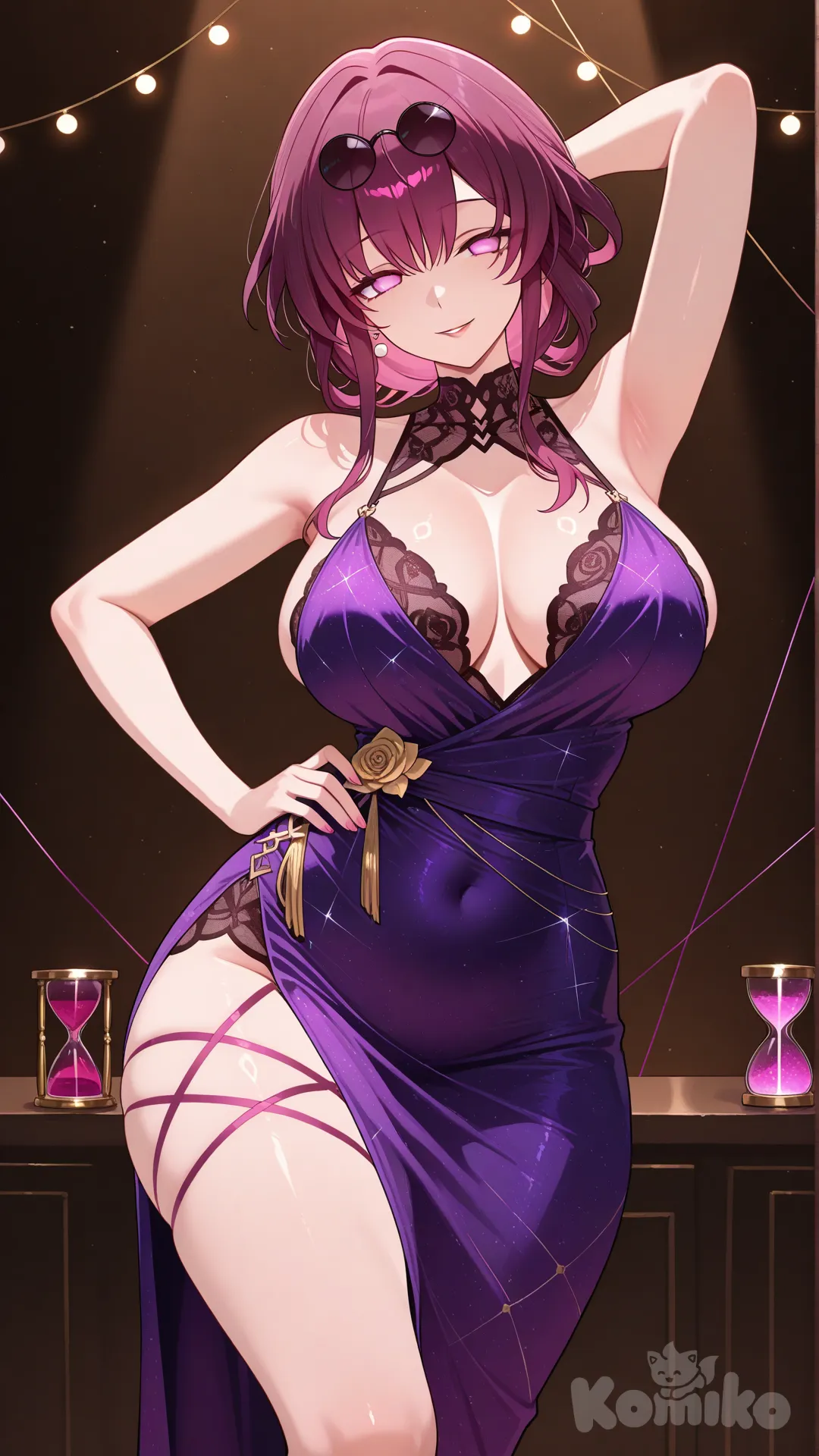 beautiful, attractive pose, smiling, portrait, seductive, voluptuous, plump hips, perfect curves, irresistible desire, 紫色的蕾丝礼服, mature female, 站在巨大的"2026"金色数字装置前，身体呈S型曲线站姿，一条腿微微弯曲，一只手自然放在腰间，另一只手高举紫色玫瑰，头部微微仰起展现笑容。背景是深蓝色幕布装饰着星星灯串和金色流苏。专业影棚打光，营造璀璨的跨年夜氛围。采用平视视角，镜头与人物处于同一水平高度，能够让观众与人物之间产生一种平等的视觉交流感，使人物形象更加亲近、真实。采用中心构图，人物位于画面正中央，这种构图方式可以将观众的注意力高度集中在人物身上，突出主体, @Kafka_(Honkai:Star_Rail)