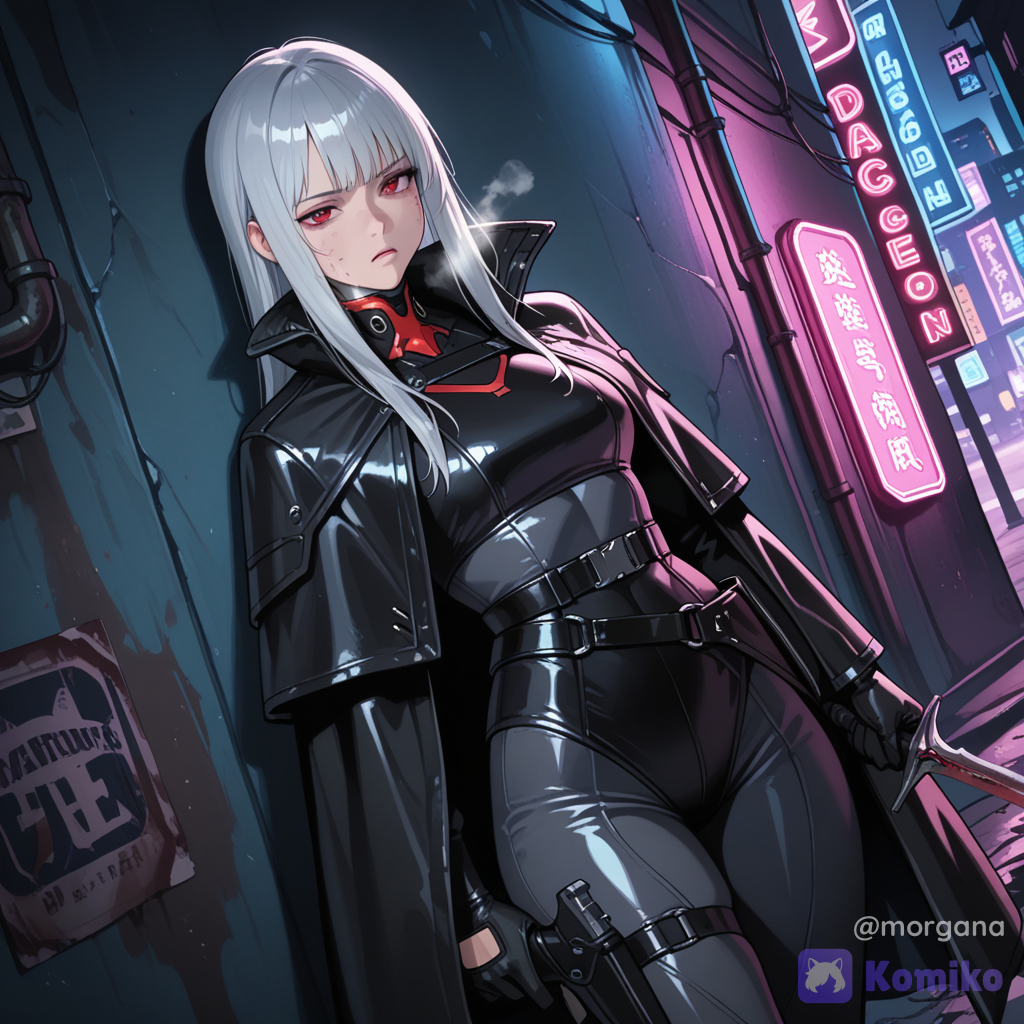 1girl, solo, assassin, female, stylish leather, cloak, dangerous, cyberpunk style, dusty dark alley, holding pistol, cyberpunk pistol, holding dagger, curved dagger, leaning against wall, out of breath, tattered clothes, bloody, combat damage, realistic, hyper realistic, serious expression, high definition, medium shot, dark atmosphere, neon lights, cyberpunk city, weary, exhausted, sweat, dirt on face, silver hqir, red eyes, long hair, straight hair