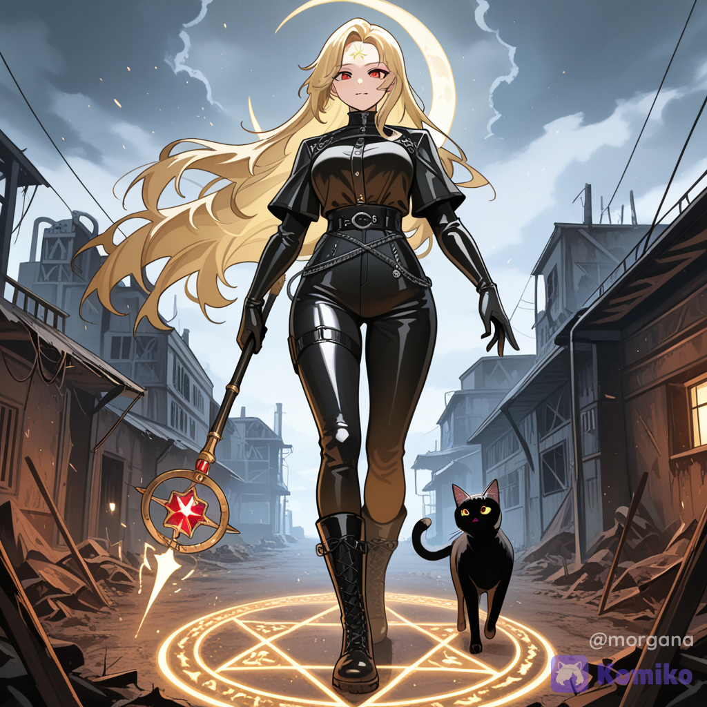 1girl, solo, adult woman, blonde hair, black outfit, walking, ferric field, black cat, yellow crescent moon on forehead, holding magic scepter, medium long shot, looking at viewer, confident expression, dynamic pose, outdoors, rusted iron field, industrial scenery, overcast sky, glowing crescent moon, leather outfit, combat boots, flowing hair, magical girl, anime style, glowing magic circle, leather gloves, metallic accents, windswept, dramatic lighting, red eyes без зрачков