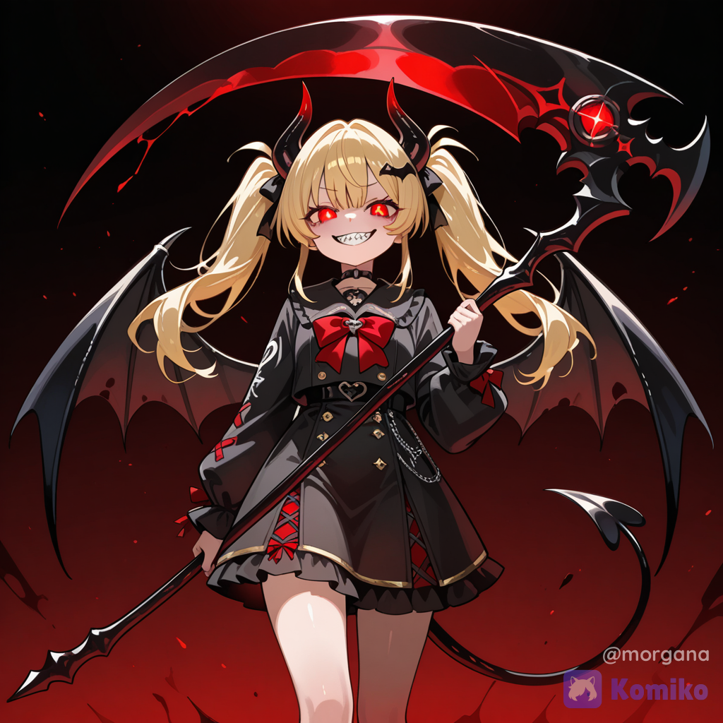 @jiao-hui-qi-shi-tereze-C3ZH Devil's horns, Devil's wings, Devil's tail, Holding, scythe, evil grin, darkness, red eyes, blonde hair, twintails, long hair