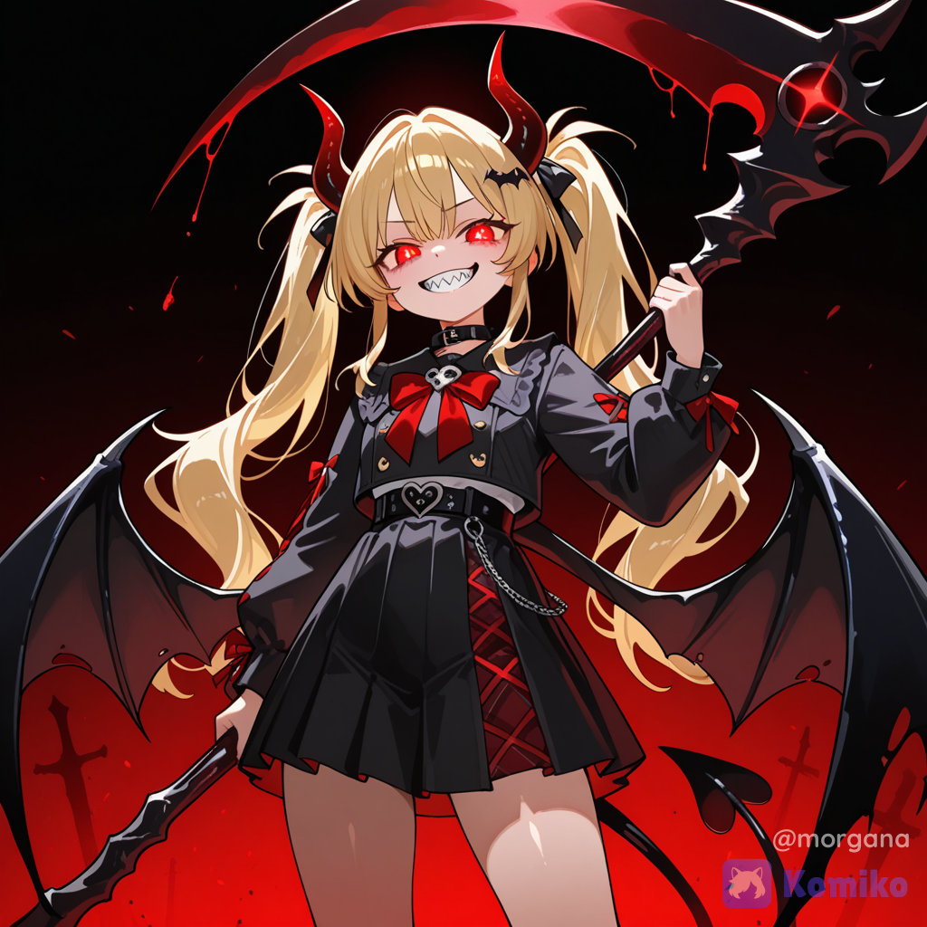 @jiao-hui-qi-shi-tereze-C3ZH Devil's horns, Devil's wings, Devil's tail, Holding, scythe, evil grin, darkness, red eyes, blonde hair, twintails, long hair