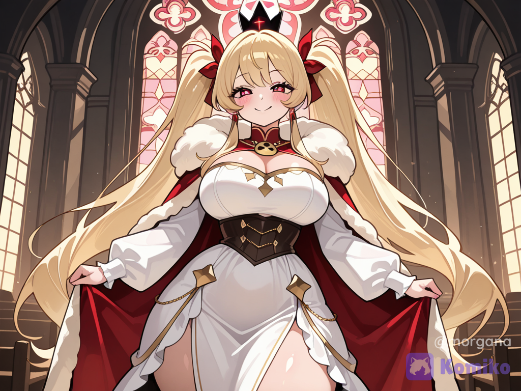 1girl, blonde hair, red eyes, twintails, long hair, long twintales, одежда принцессы, меховая накидка, нпс из Cult of the Lamb, mature, curvy