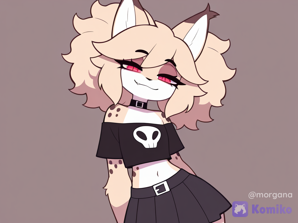 1girl, solo, furry, lynx boy, lynx ears, pointy ears, two-tone fur, (brown fur, white fur), brown head, dark-brown spots, blonde hair, short hair, fluffy hair, hair between eyes, streaked hair, red eyes, black pupils, slit pupils, fang, spiked teeth, navel, exposed navel, flat chest, thick thighs, wide chest, left-handed, (black t-shirt, cropped t-shirt, off-shoulder t-shirt, skull print, black skirt, pleated skirt, medium skirt, lowleg skirt), black collar, light smile, half-closed eyes, looking at viewer, [pop-toon-style], facing viewer, v-fingers, no lineart, twintails, hairband