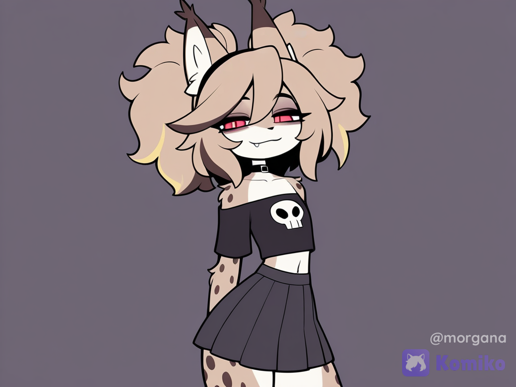1girl, solo, furry, lynx boy, lynx ears, pointy ears, two-tone fur, (brown fur, white fur), brown head, dark-brown spots, blonde hair, short hair, fluffy hair, hair between eyes, streaked hair, red eyes, black pupils, slit pupils, fang, spiked teeth, navel, exposed navel, flat chest, thick thighs, wide chest, left-handed, (black t-shirt, cropped t-shirt, off-shoulder t-shirt, skull print, black skirt, pleated skirt, medium skirt, lowleg skirt), black collar, light smile, half-closed eyes, looking at viewer, [pop-toon-style], facing viewer, v-fingers, no lineart, twintails, hairband