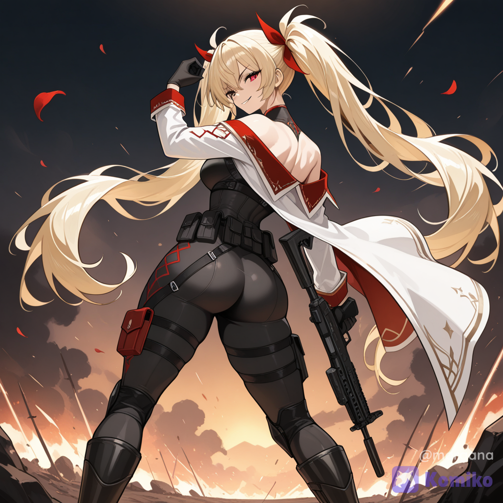 1girl, blonde hair, red eyes, very long twintails, mature, athletic, curvy, holding Mystbloom Vandal with one hand, over-the-shoulder pose, back facing viewer, looking back at viewer, confident smirk, elegant combat stance, intense Valorant gunfight, battlefield, teammate in background, cinematic action, dynamic perspective, custom agent, unique outfit, white coat, ivory fabric, black tactical bodysuit, red accents, crimson details, gothic elegance, black gloves, tactical boots, red ribbons, no helmet, flowing hair, petals, sparks, dramatic lighting, ultra
