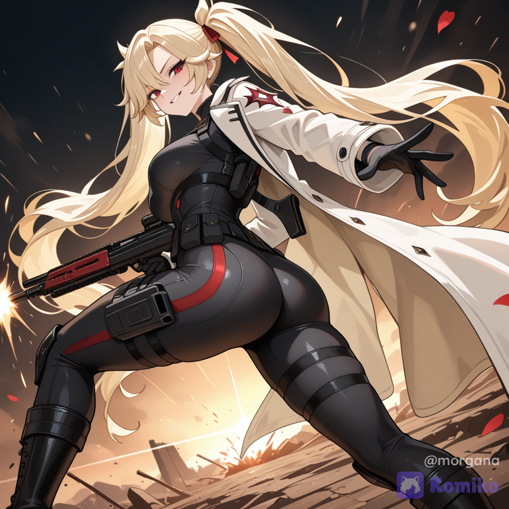 1girl, blonde hair, red eyes, very long twintails, mature, athletic, curvy, holding Mystbloom Vandal with one hand, over-the-shoulder pose, back facing viewer, looking back at viewer, confident smirk, elegant combat stance, intense Valorant gunfight, battlefield, teammate in background, cinematic action, dynamic perspective, custom agent, unique outfit, white coat, ivory fabric, black tactical bodysuit, red accents, crimson details, gothic elegance, black gloves, tactical boots, red ribbons, no helmet, flowing hair, petals, sparks, dramatic lighting, ultra
